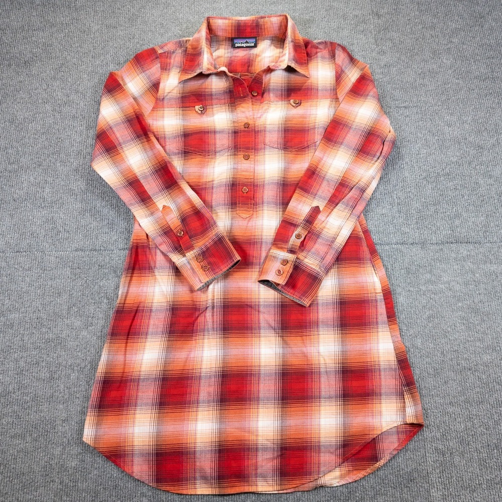 Patagonia Featherstone Dress Womens L Red Plaid Long Sleeve Above Knee Dress